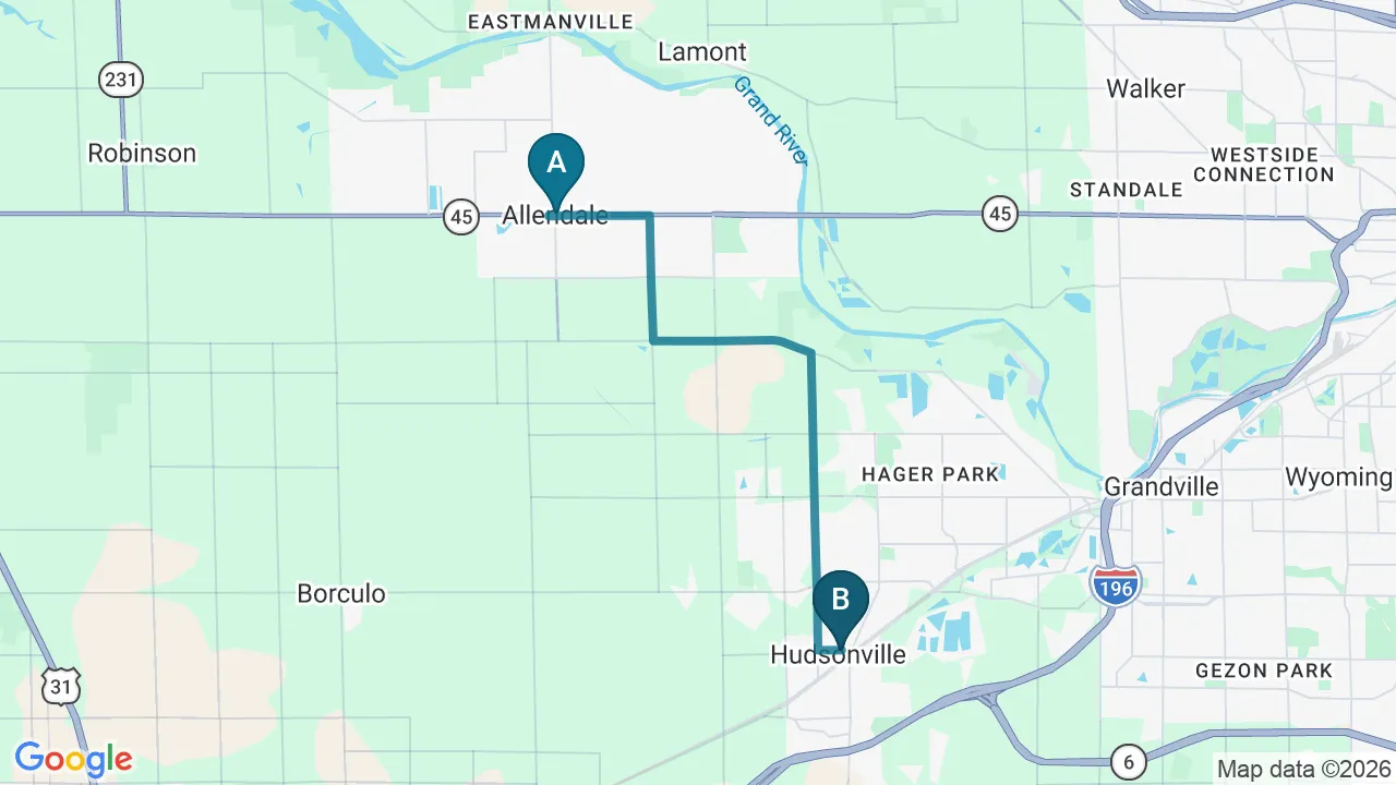 Driving directions map from Allendale, MI to Health & Healing Family Chiropractic in Andover