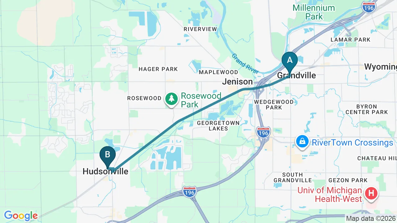 Driving directions map from Grandville, MI to Health & Healing Family Chiropractic in Andover