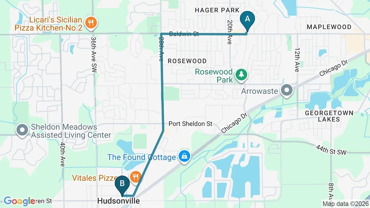 Driving directions map from Jenison, MI to Health & Healing Family Chiropractic in Andover